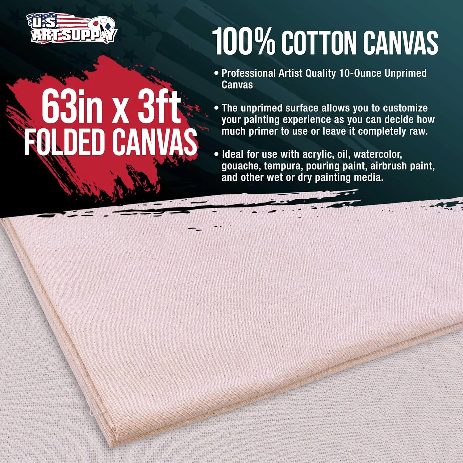 U.S. Art Supply 10-Ounce Unprimed 63" Wide x 1 Yard (3 Feet) Long Heavyweight Unstretched Canvas Roll - 100% Cotton, Woven - Oil & Acrylic Painting, Murals, Backdrop - Cut to Stretcher Bar Frame Size