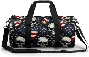 U.S. Flag Skulls Novelty Large Duffel Bag Lightweight Gym Bag Travel Tote Bags