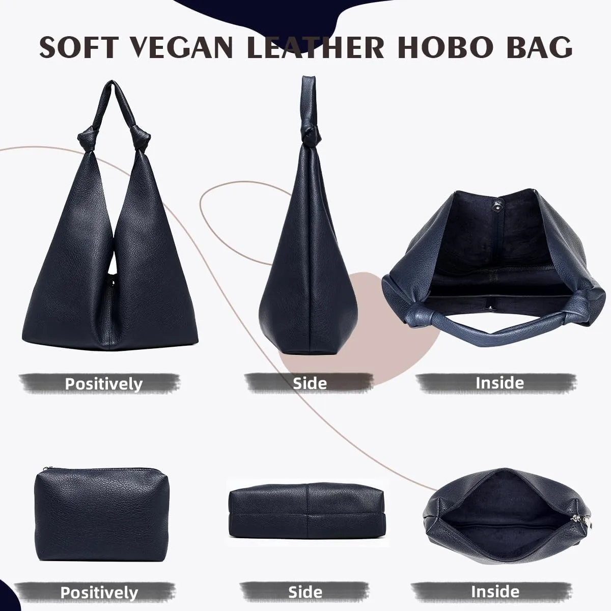Vegan Leather Hobo Purses set, Slouchy Shoulder Bag Knotted Hobo Bags for Women with a small purse