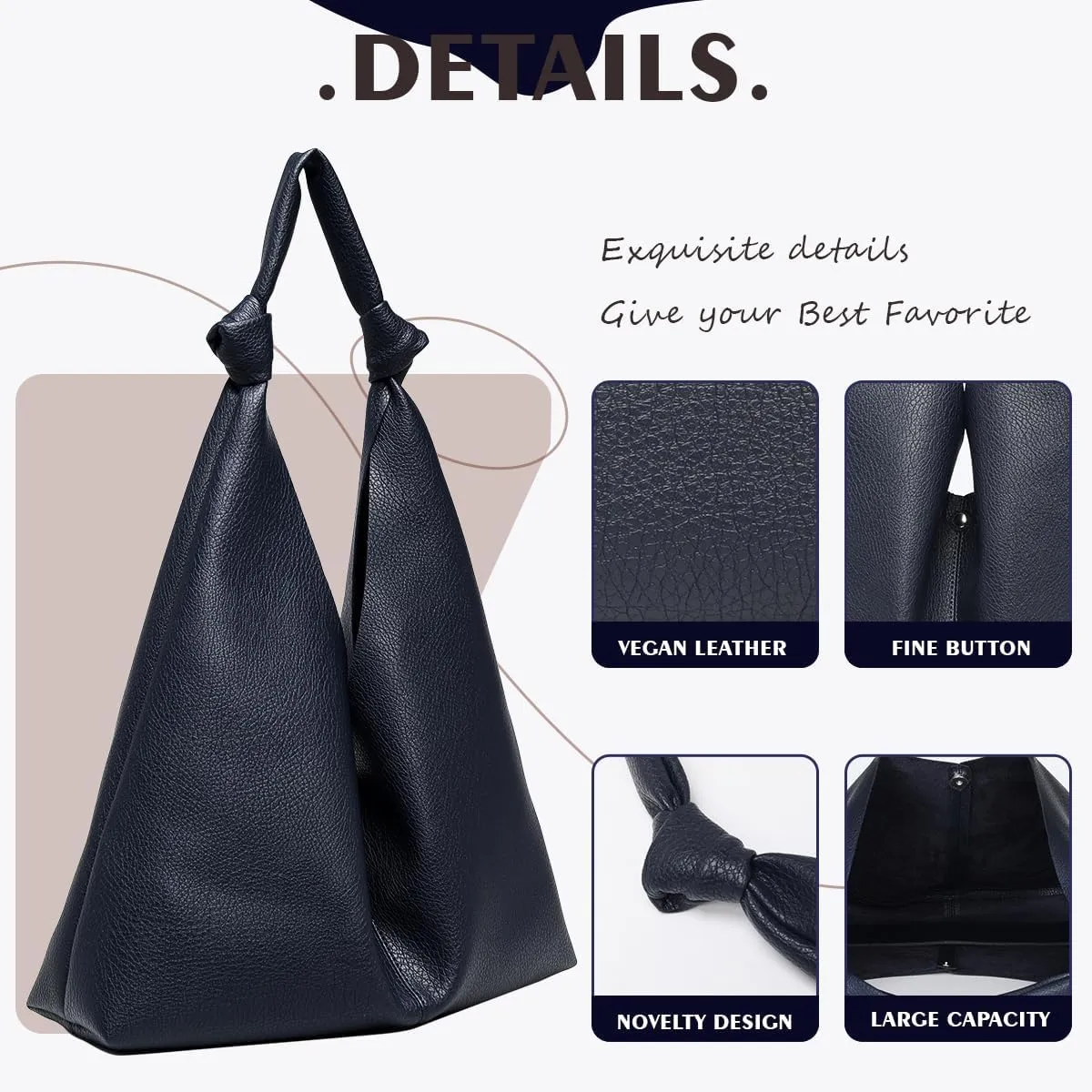 Vegan Leather Hobo Purses set, Slouchy Shoulder Bag Knotted Hobo Bags for Women with a small purse