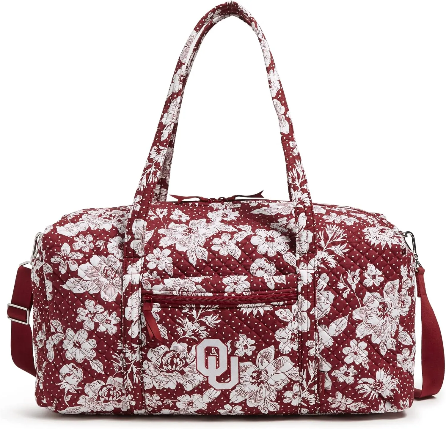 Vera Bradley Women's Cotton Collegiate Large Travel Duffle Bag (Multiple Teams Available), Cardinal/White Rain Garden With University of Oklahoma - Recycled Cotton, One Size
