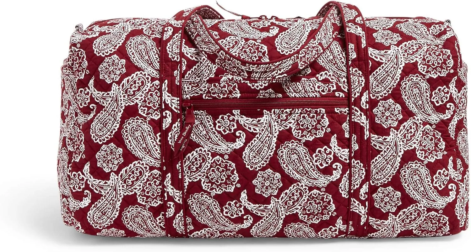 Vera Bradley Women's Cotton Collegiate Large Travel Duffle Bag (Multiple Teams Available), Iowa State University Cardinal/White Bandana, One Size