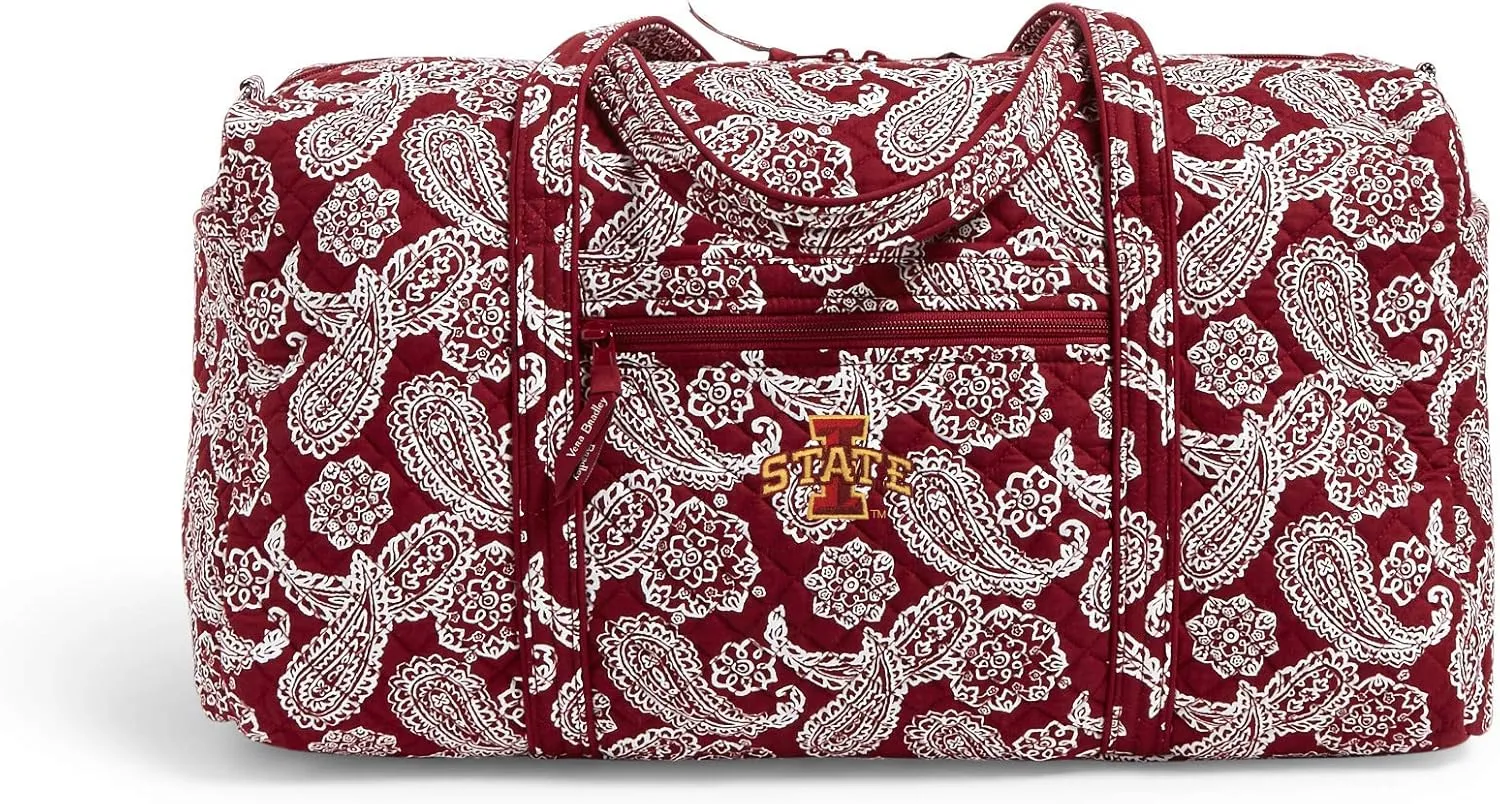 Vera Bradley Women's Cotton Collegiate Large Travel Duffle Bag (Multiple Teams Available), Iowa State University Cardinal/White Bandana, One Size