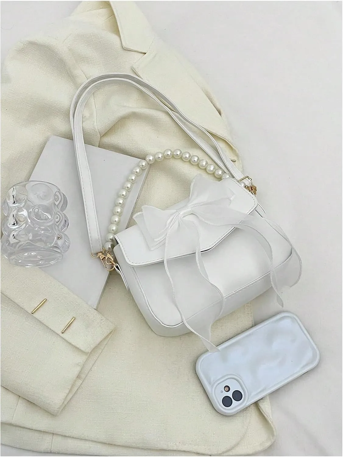 Verdusa Women's Pearl Decor Shoulder Handbags Y2K Top Handle Underarm Bag