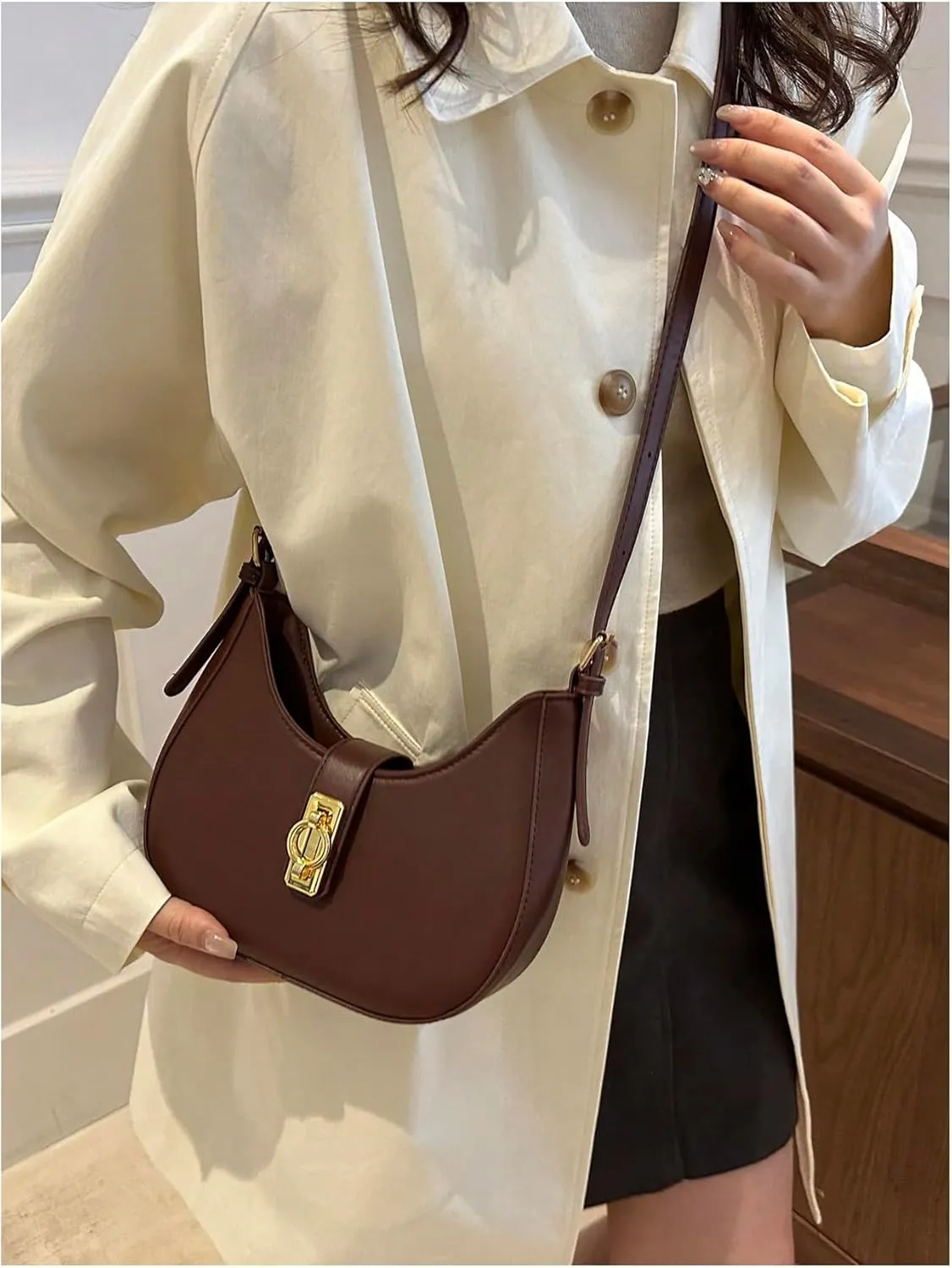 Verdusa Women's PU Leather Hobo Bag Small Purse Zipper Top Handle Bag Crescent Shoulder Bag