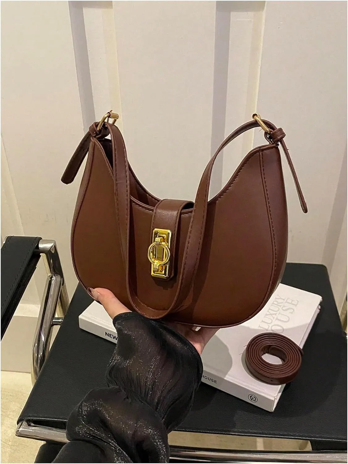 Verdusa Women's PU Leather Hobo Bag Small Purse Zipper Top Handle Bag Crescent Shoulder Bag