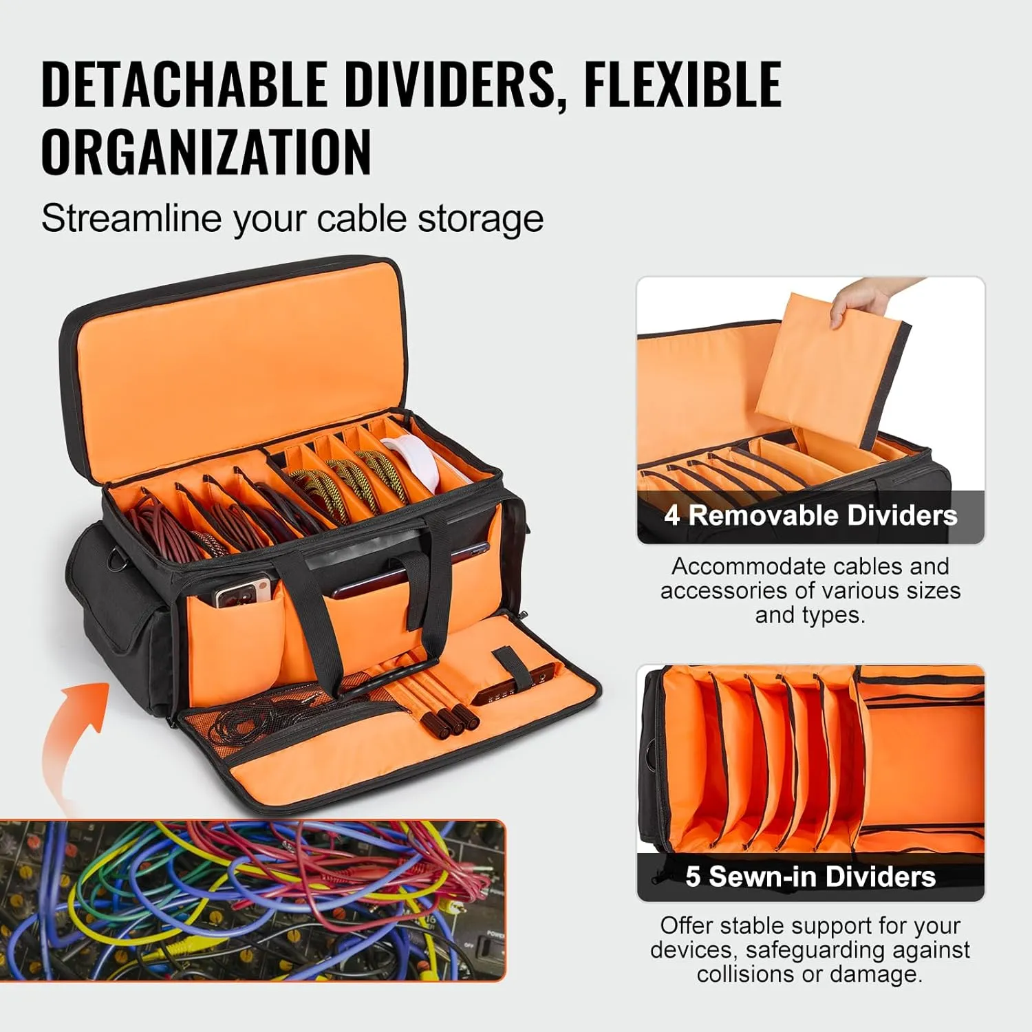 VEVOR DJ Cable Organizer, 1200D Oxford Fabric, Gig Bag with 9 Detachable Dividers, Padded Shoulder Strap, Plastic Bottom Pad, 23.6 x 11.8 x 12.7 in, Wire Bag for Musical Accessories