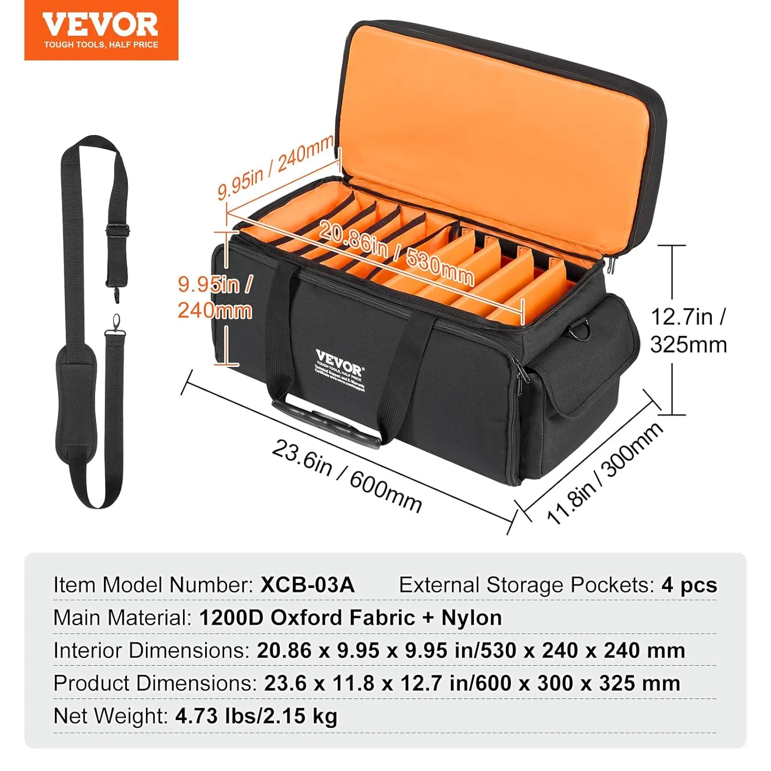 VEVOR DJ Cable Organizer, 1200D Oxford Fabric, Gig Bag with 9 Detachable Dividers, Padded Shoulder Strap, Plastic Bottom Pad, 23.6 x 11.8 x 12.7 in, Wire Bag for Musical Accessories