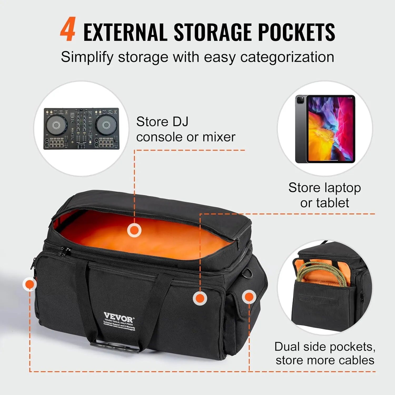 VEVOR DJ Cable Organizer, 1200D Oxford Fabric, Gig Bag with 9 Detachable Dividers, Padded Shoulder Strap, Plastic Bottom Pad, 23.6 x 11.8 x 12.7 in, Wire Bag for Musical Accessories