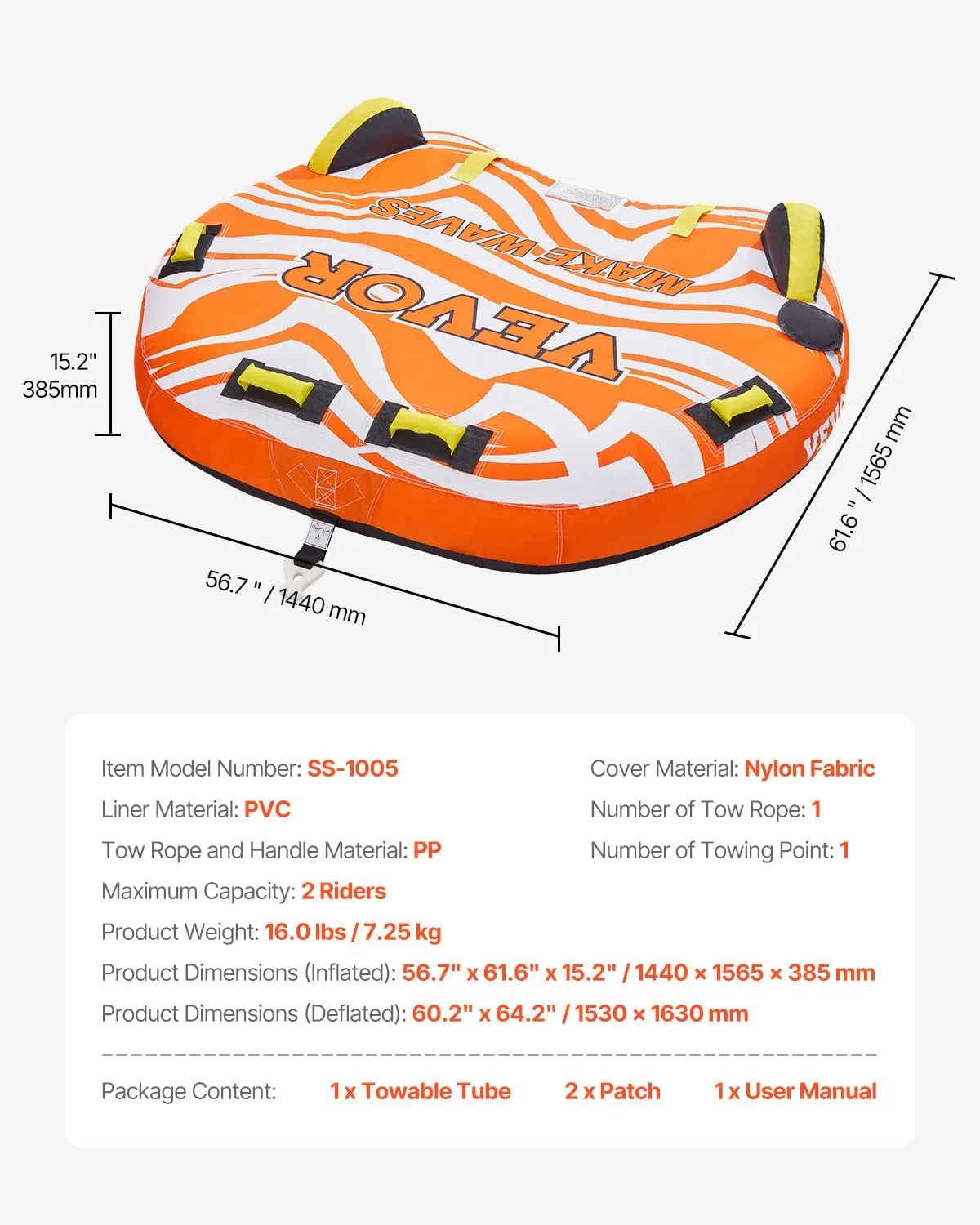 VEVOR Towable Tubes for Boating, 1-2/1-3 Riders, 340-510 lbs, 51.8"-63", Full Nylon Cover, EVA Grab Handles