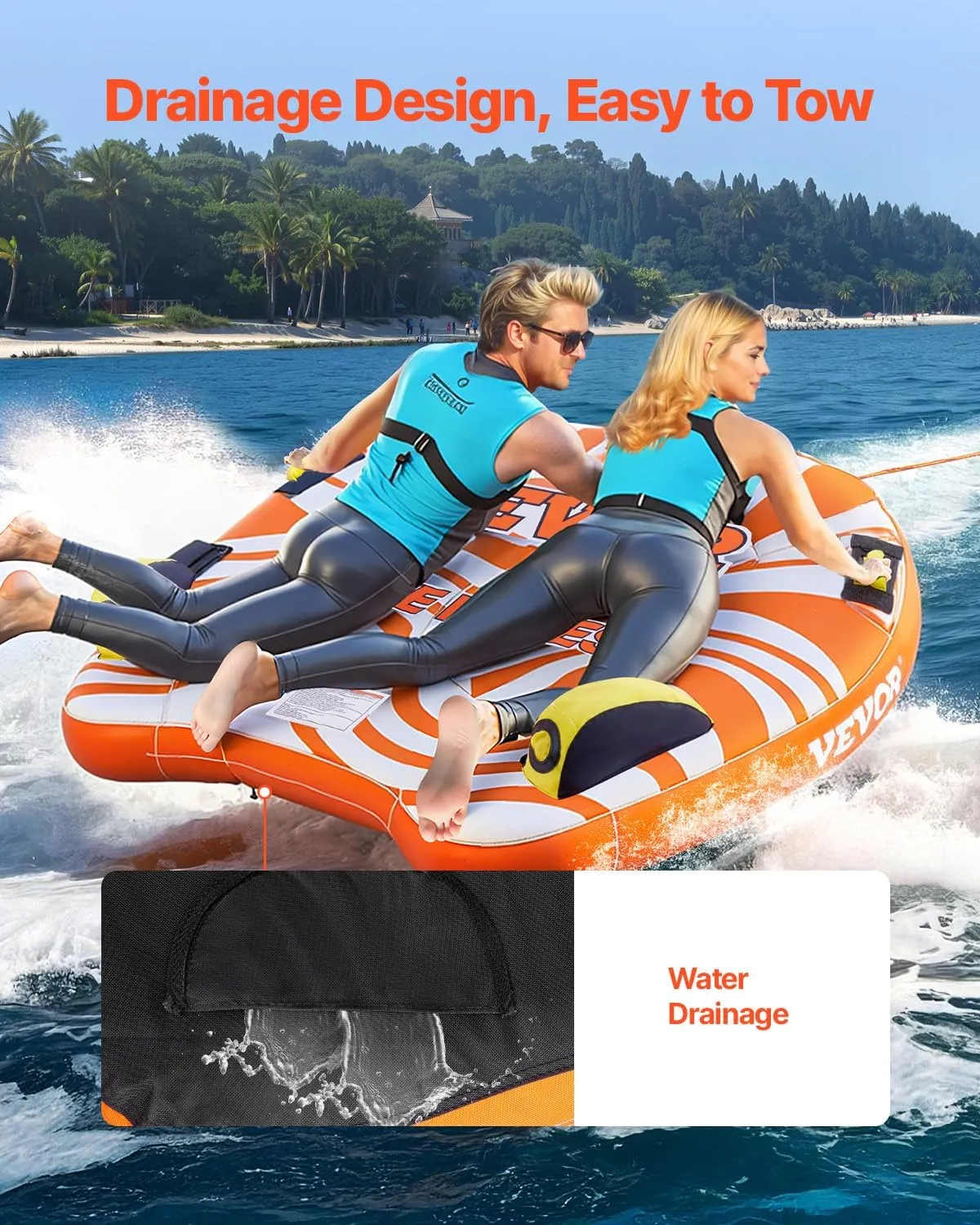 VEVOR Towable Tubes for Boating, 1-2/1-3 Riders, 340-510 lbs, 51.8"-63", Full Nylon Cover, EVA Grab Handles