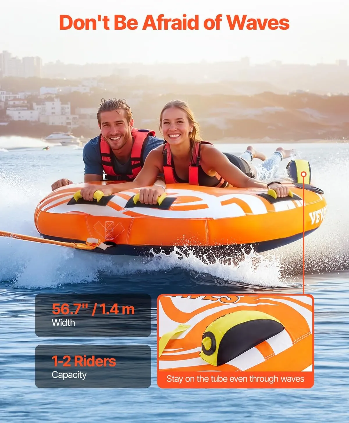VEVOR Towable Tubes for Boating, 1-2/1-3 Riders, 340-510 lbs, 51.8"-63", Full Nylon Cover, EVA Grab Handles