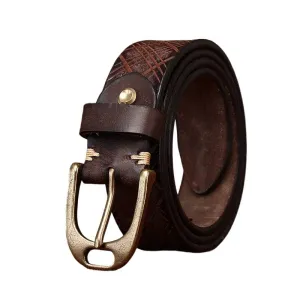 Vintage Diamond Embossed Thicken Leather Belt with Antique Brass Buckle -1.5"