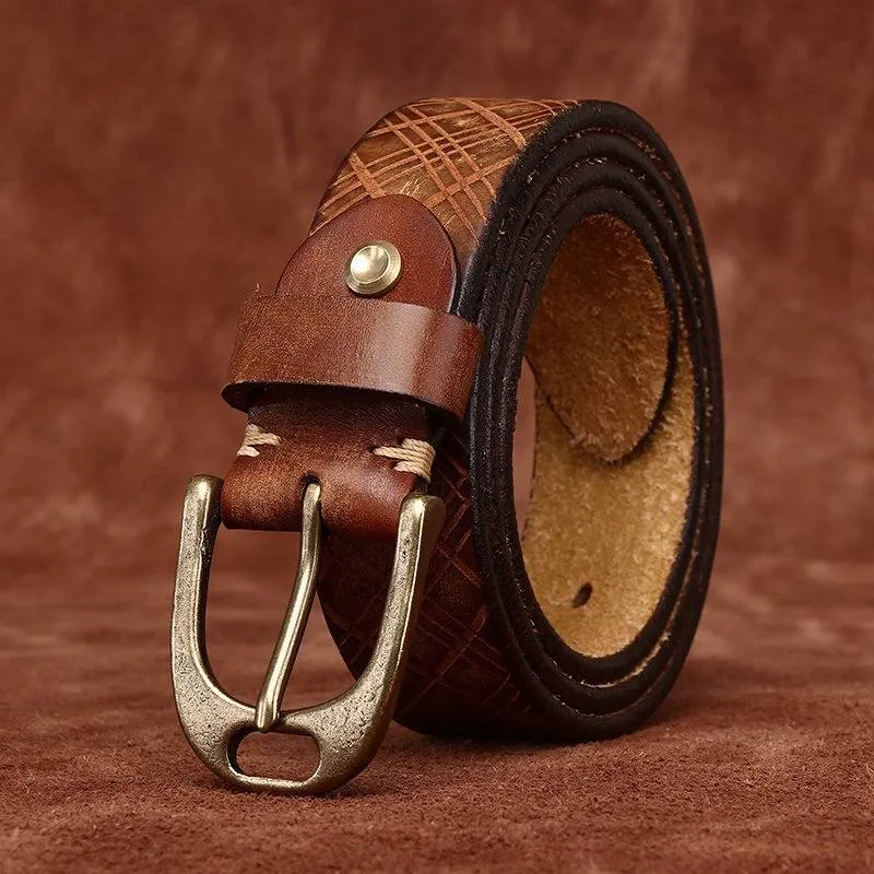 Vintage Diamond Embossed Thicken Leather Belt with Antique Brass Buckle -1.5"