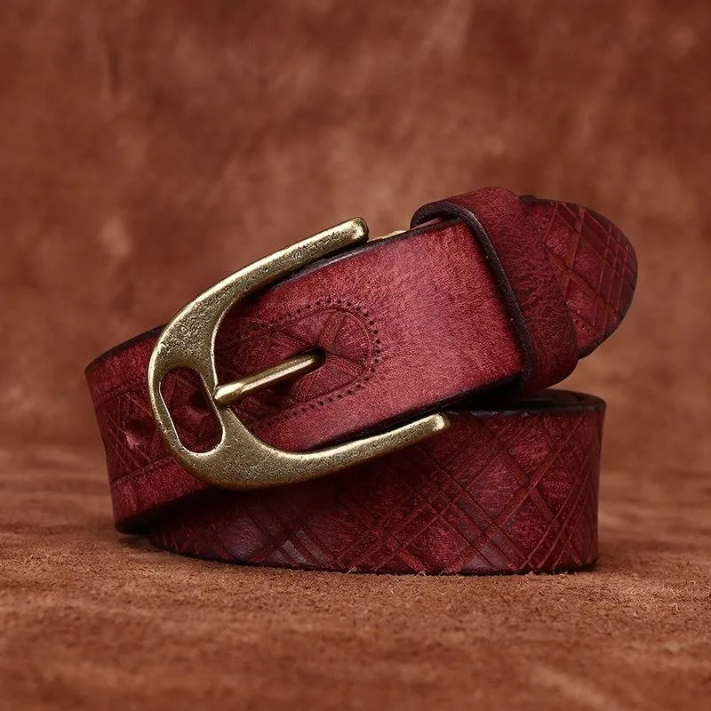 Vintage Diamond Embossed Thicken Leather Belt with Antique Brass Buckle -1.5"