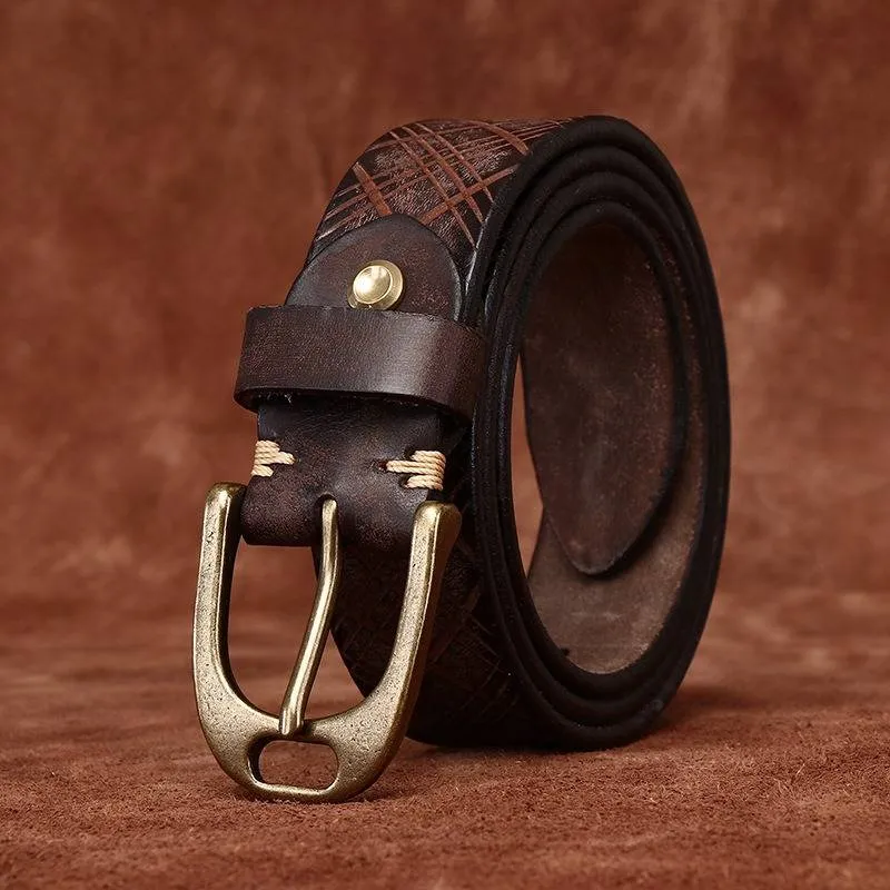 Vintage Diamond Embossed Thicken Leather Belt with Antique Brass Buckle -1.5"