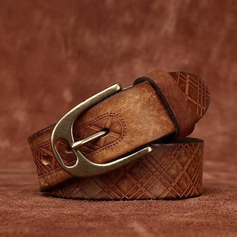 Vintage Diamond Embossed Thicken Leather Belt with Antique Brass Buckle -1.5"