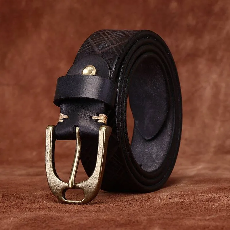 Vintage Diamond Embossed Thicken Leather Belt with Antique Brass Buckle -1.5"