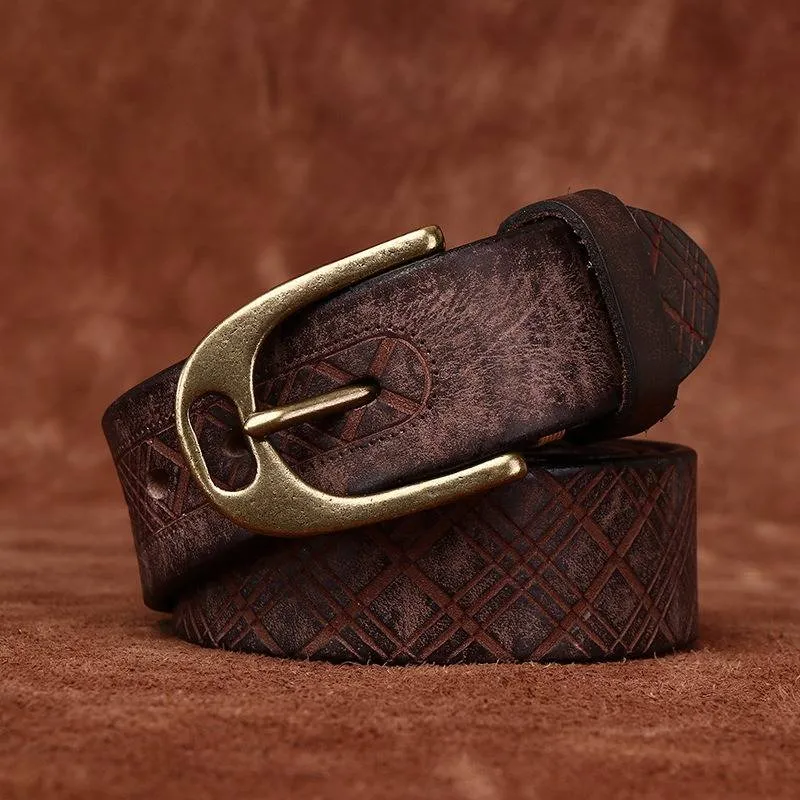 Vintage Diamond Embossed Thicken Leather Belt with Antique Brass Buckle -1.5"