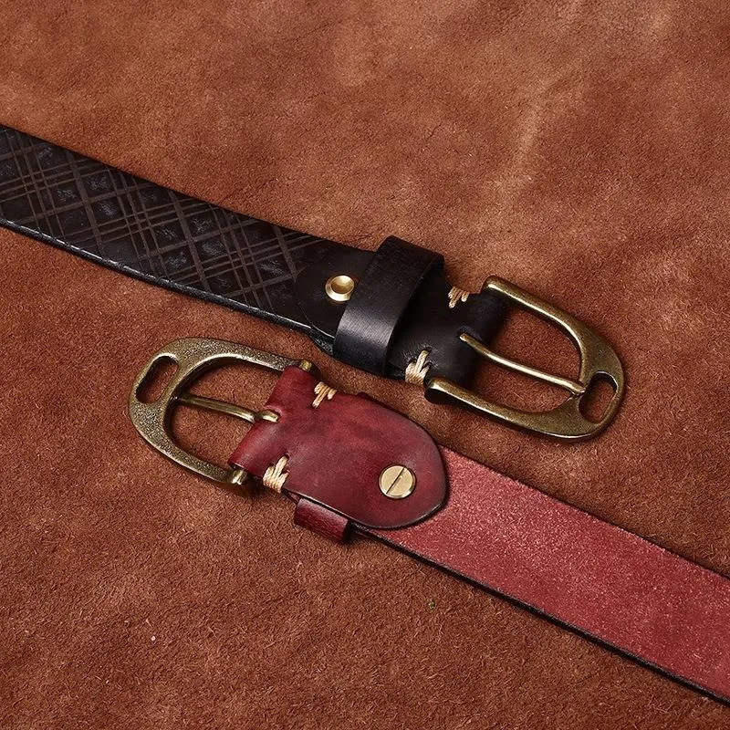 Vintage Diamond Embossed Thicken Leather Belt with Antique Brass Buckle -1.5"
