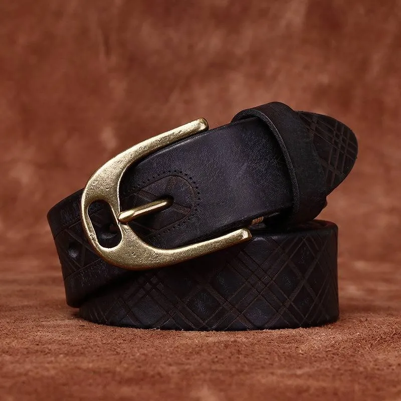 Vintage Diamond Embossed Thicken Leather Belt with Antique Brass Buckle -1.5"