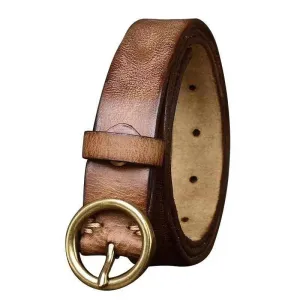 Vintage Handmade Women's Jeans Belt with Round Brass Buckle -1.1