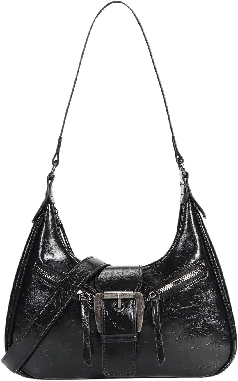 Vintage Hobo Clutch Shoulder Bag for Women with Buckle and Zipper Genuine Leather Handbag for Casual Streetwear Look