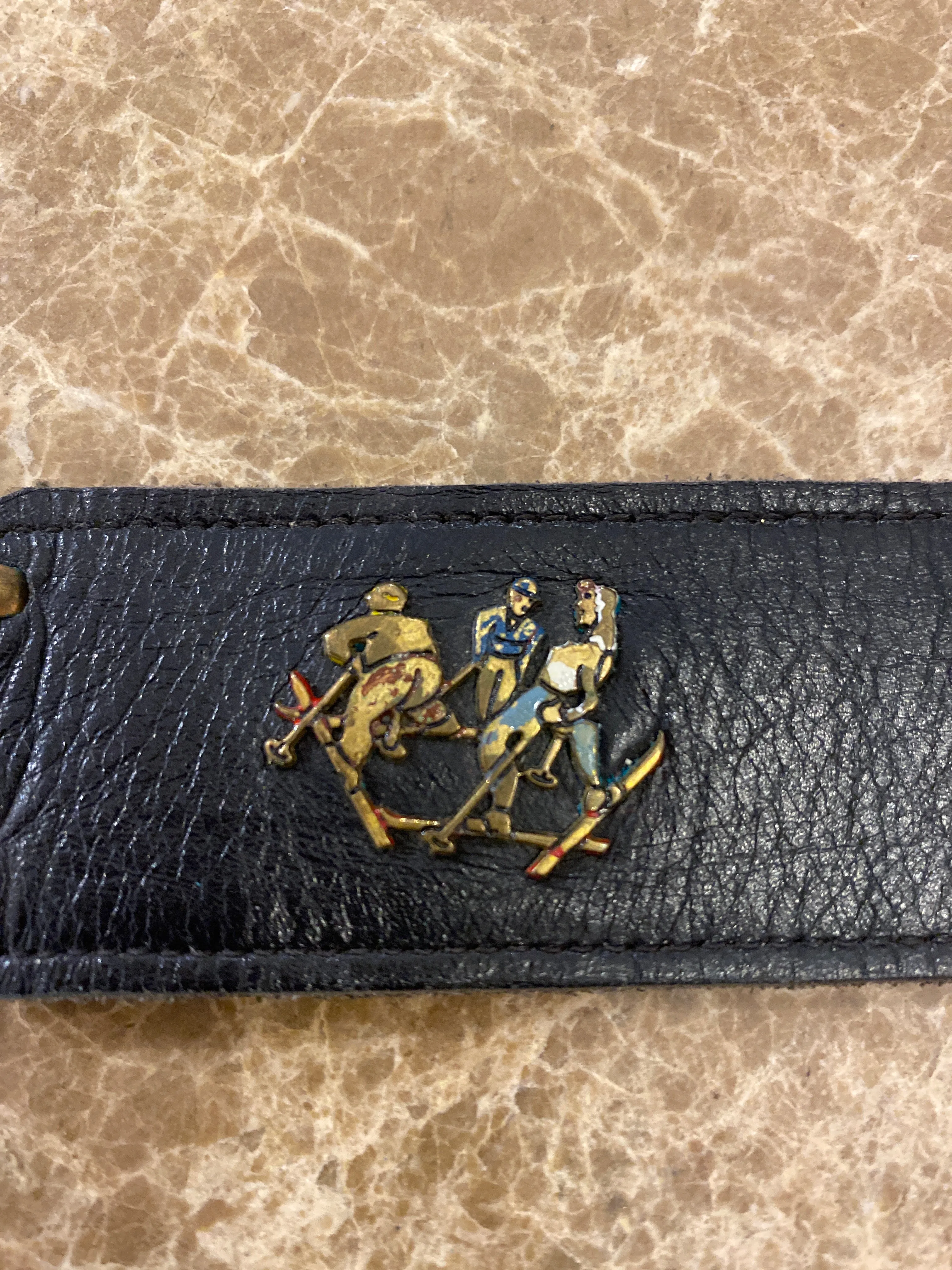 Vintage Leather Belt with Skier & Chalet Enamel Embellishments