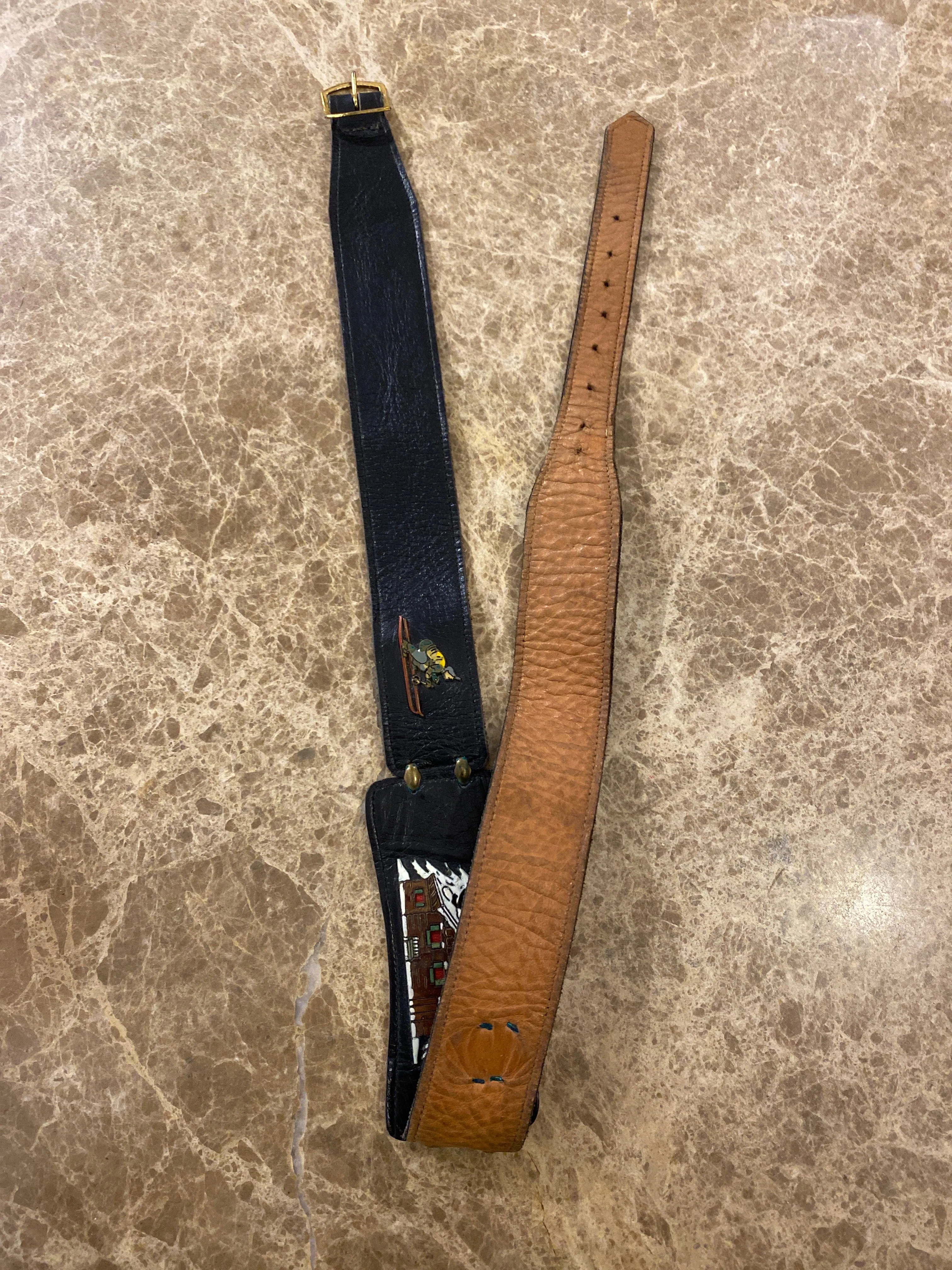Vintage Leather Belt with Skier & Chalet Enamel Embellishments