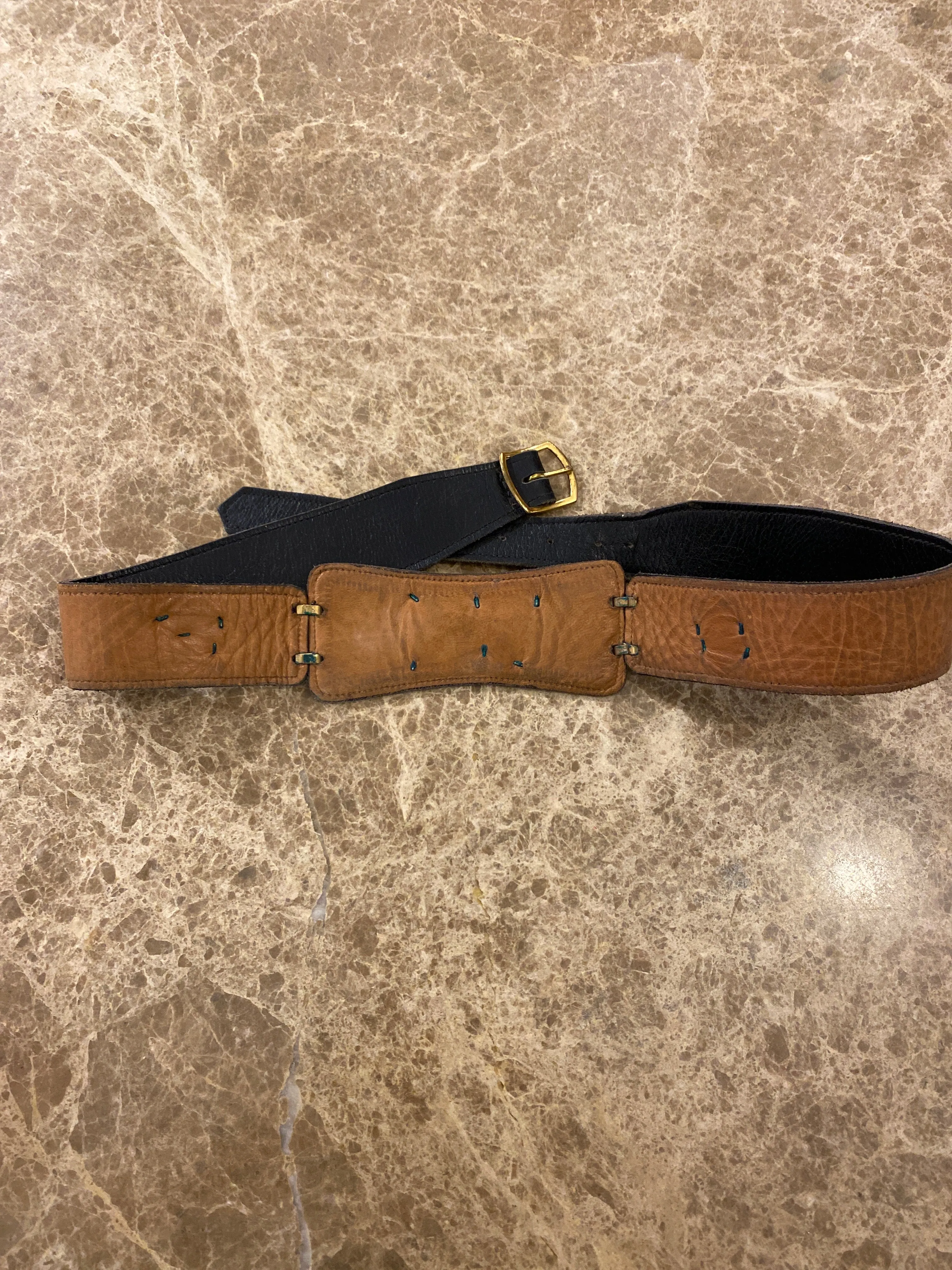 Vintage Leather Belt with Skier & Chalet Enamel Embellishments