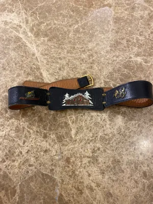 Vintage Leather Belt with Skier & Chalet Enamel Embellishments