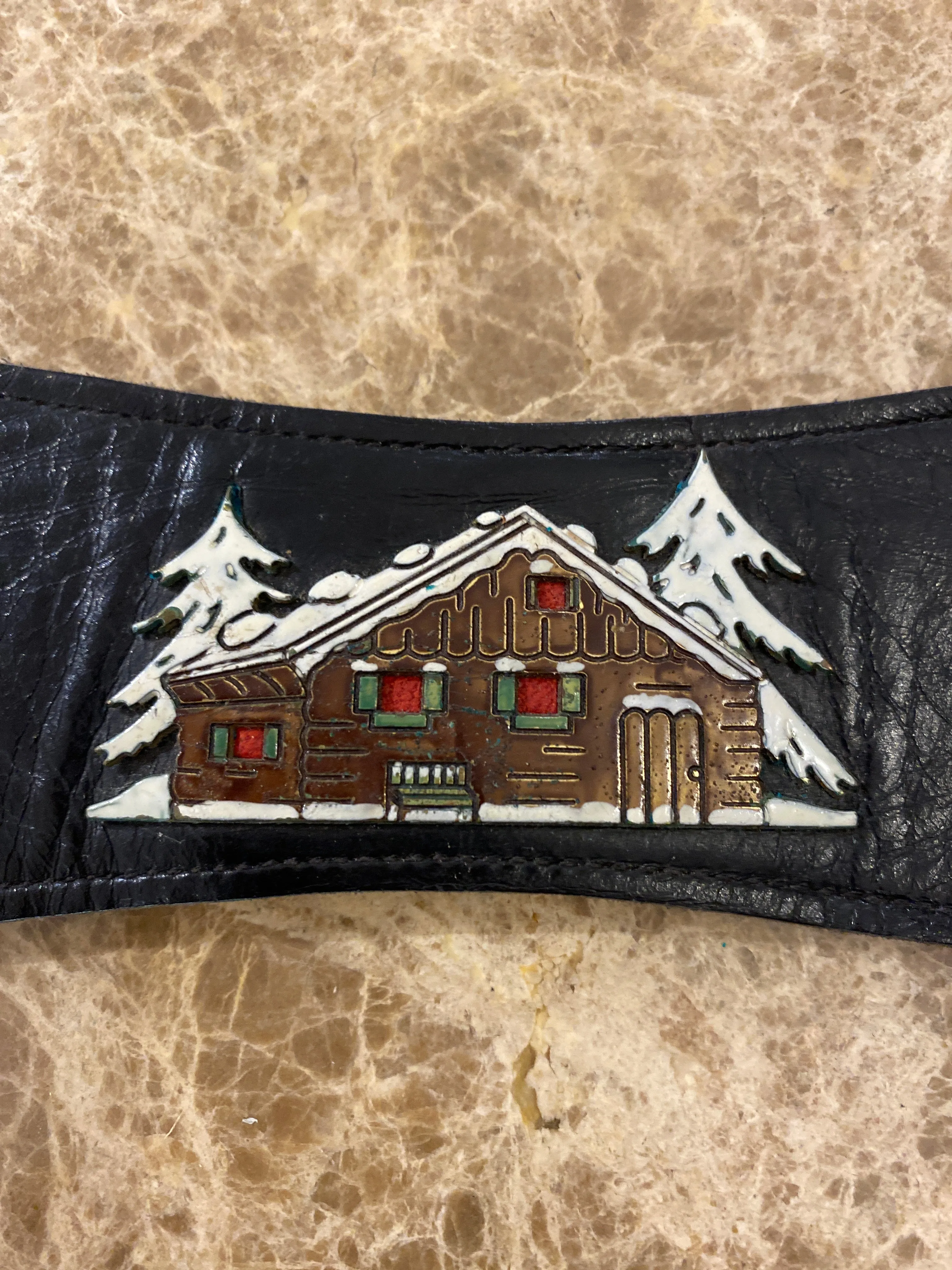 Vintage Leather Belt with Skier & Chalet Enamel Embellishments