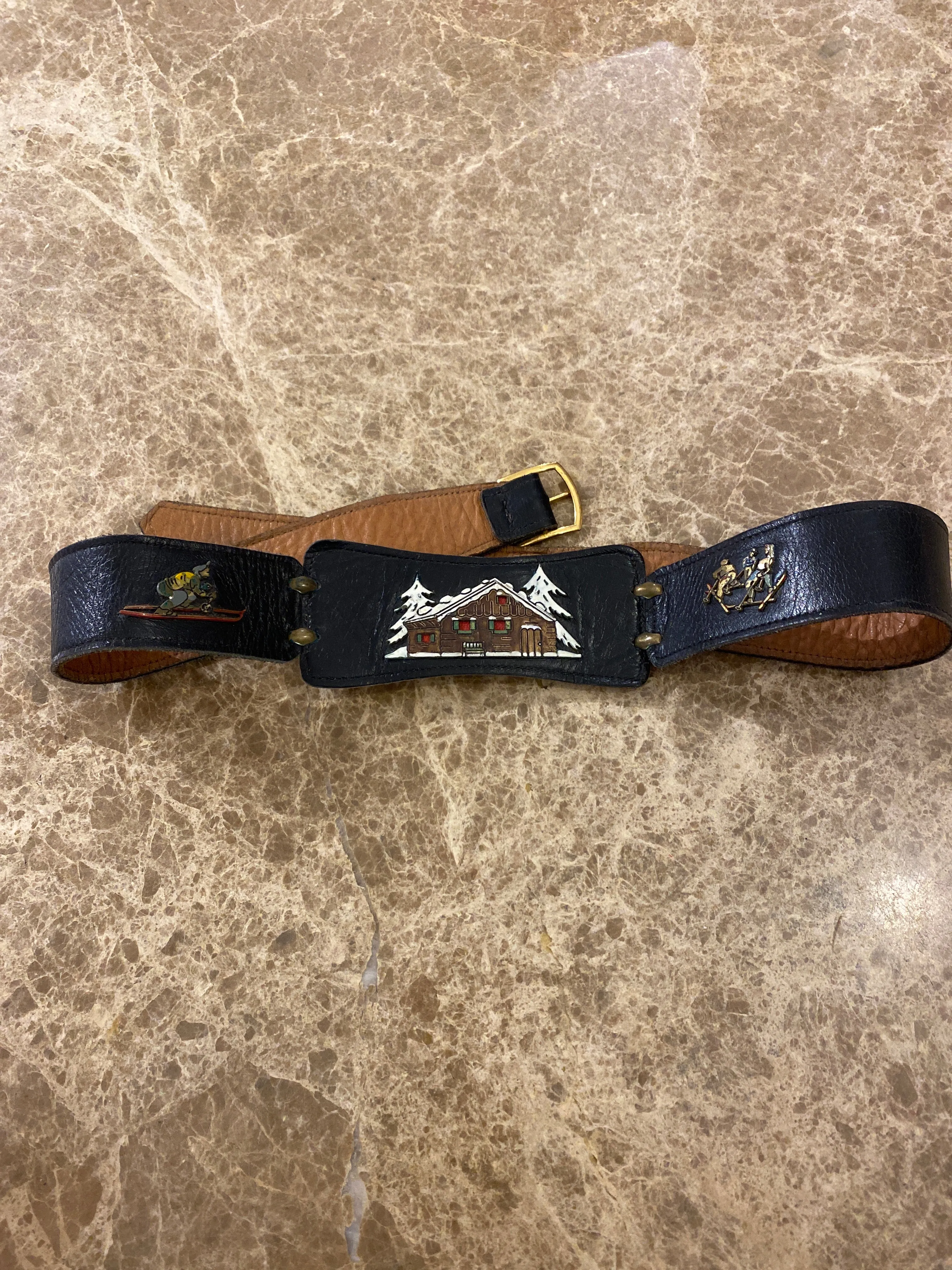 Vintage Leather Belt with Skier & Chalet Enamel Embellishments