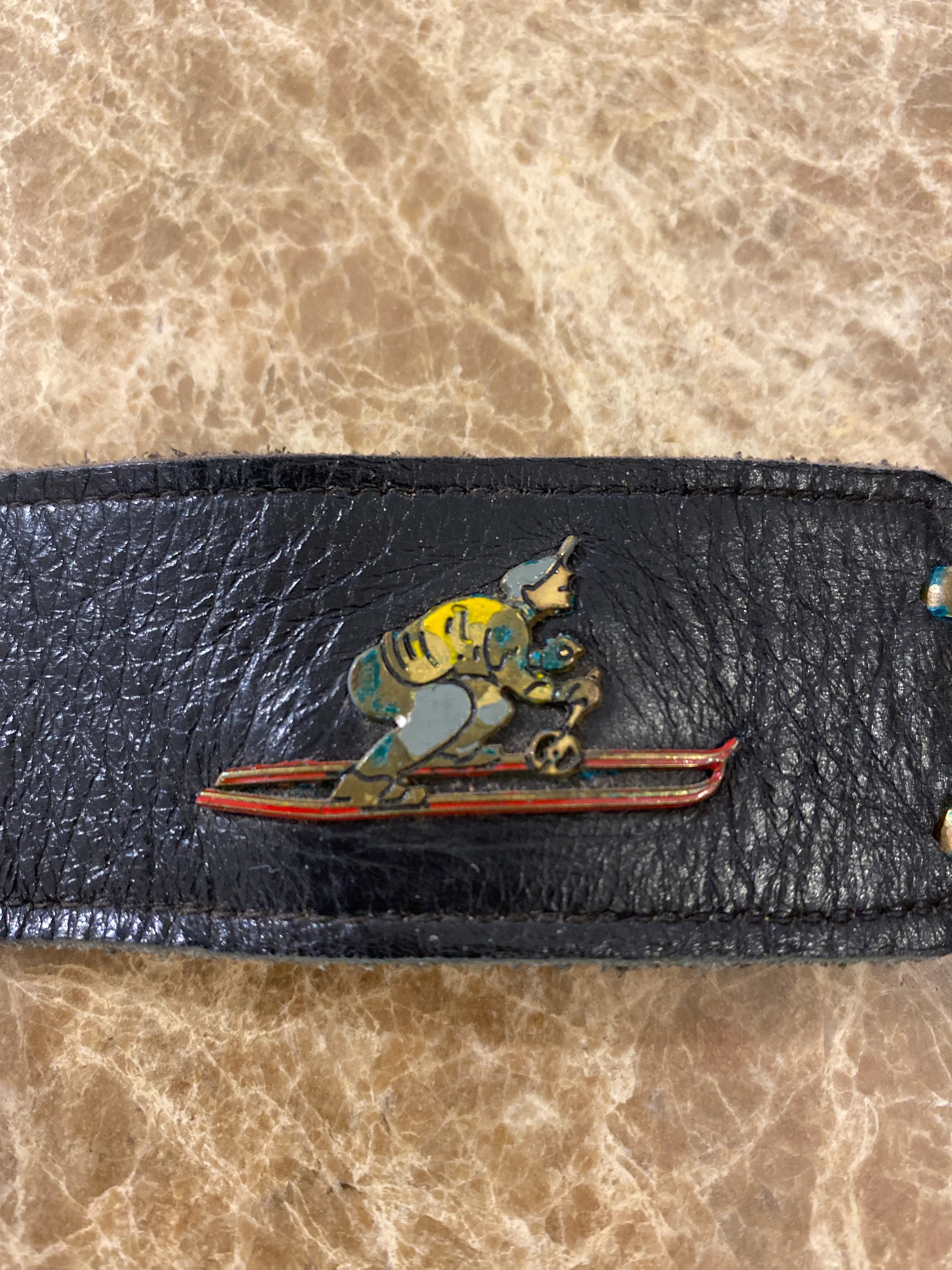 Vintage Leather Belt with Skier & Chalet Enamel Embellishments