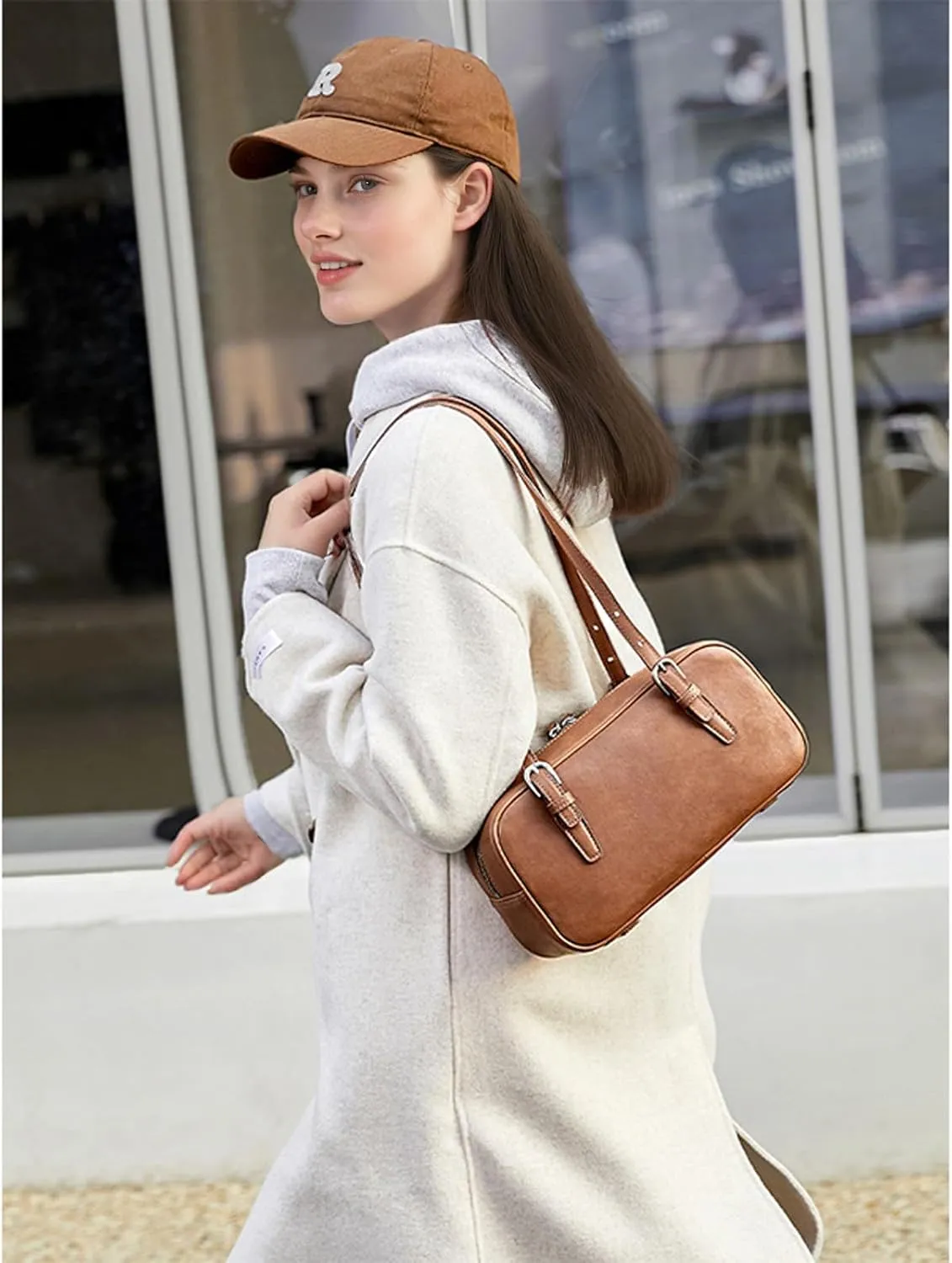 Vintage PU Top Handle Handbag for Women - Stylish Shoulder Bag with Zipper Closure, Everyday Use