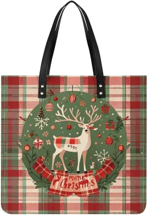 Vintage Woodgrain Christmas Wildlife Large Leather Handbags Women Fashion Handbag Multifunctional Travel Bag It Is A Great Gift for Mothers, Teachers, Friends, Bridesmaids