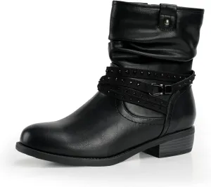 VJH confort Women's Mid Calf Boot,Round Toe Low Heel Comfort Slouchy Bootie with Side Zipper Buckle Strap
