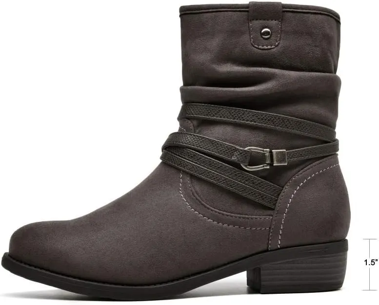 VJH confort Women's Mid Calf Boot,Round Toe Low Heel Comfort Slouchy Bootie with Side Zipper Buckle Strap