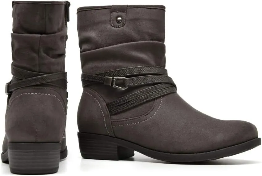 VJH confort Women's Mid Calf Boot,Round Toe Low Heel Comfort Slouchy Bootie with Side Zipper Buckle Strap