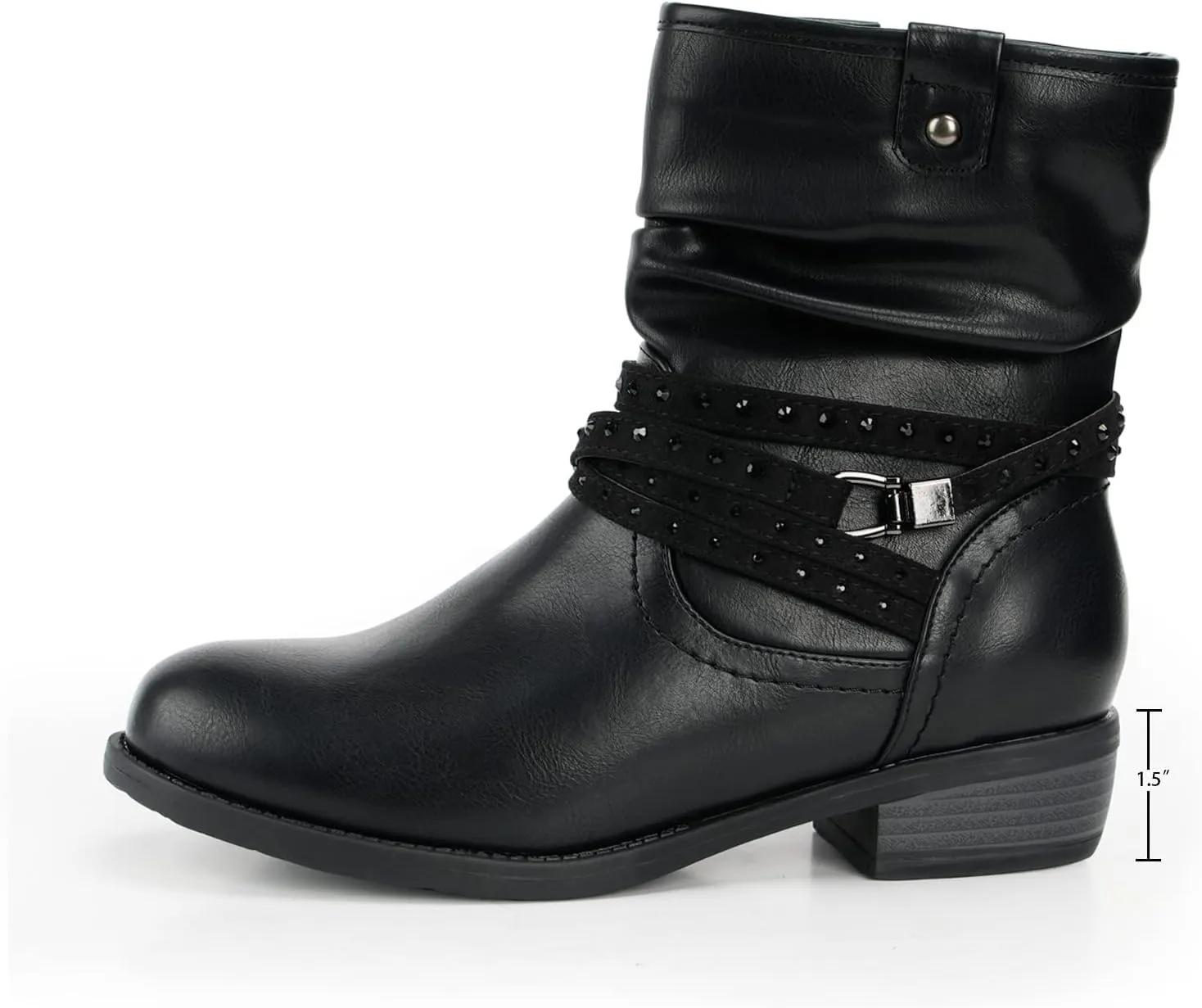 VJH confort Women's Mid Calf Boot,Round Toe Low Heel Comfort Slouchy Bootie with Side Zipper Buckle Strap
