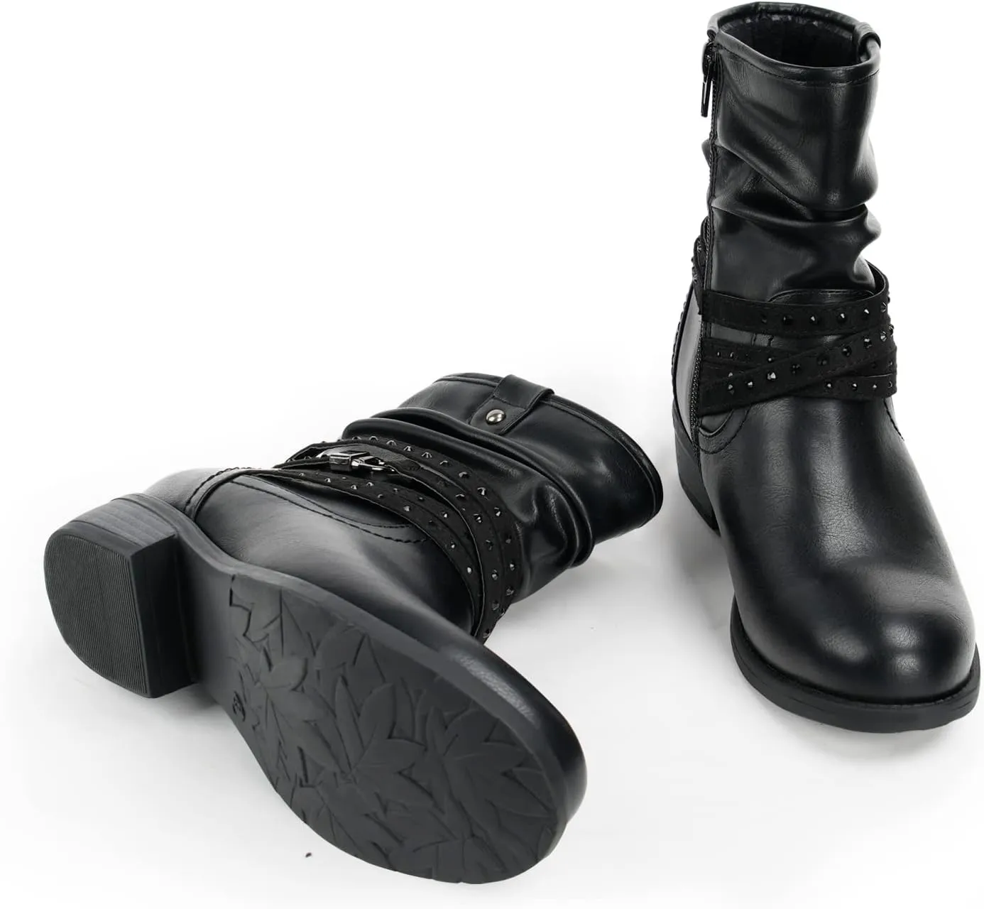 VJH confort Women's Mid Calf Boot,Round Toe Low Heel Comfort Slouchy Bootie with Side Zipper Buckle Strap