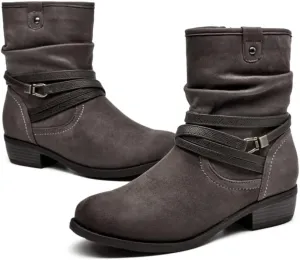 VJH confort Women's Mid Calf Boot,Round Toe Low Heel Comfort Slouchy Bootie with Side Zipper Buckle Strap