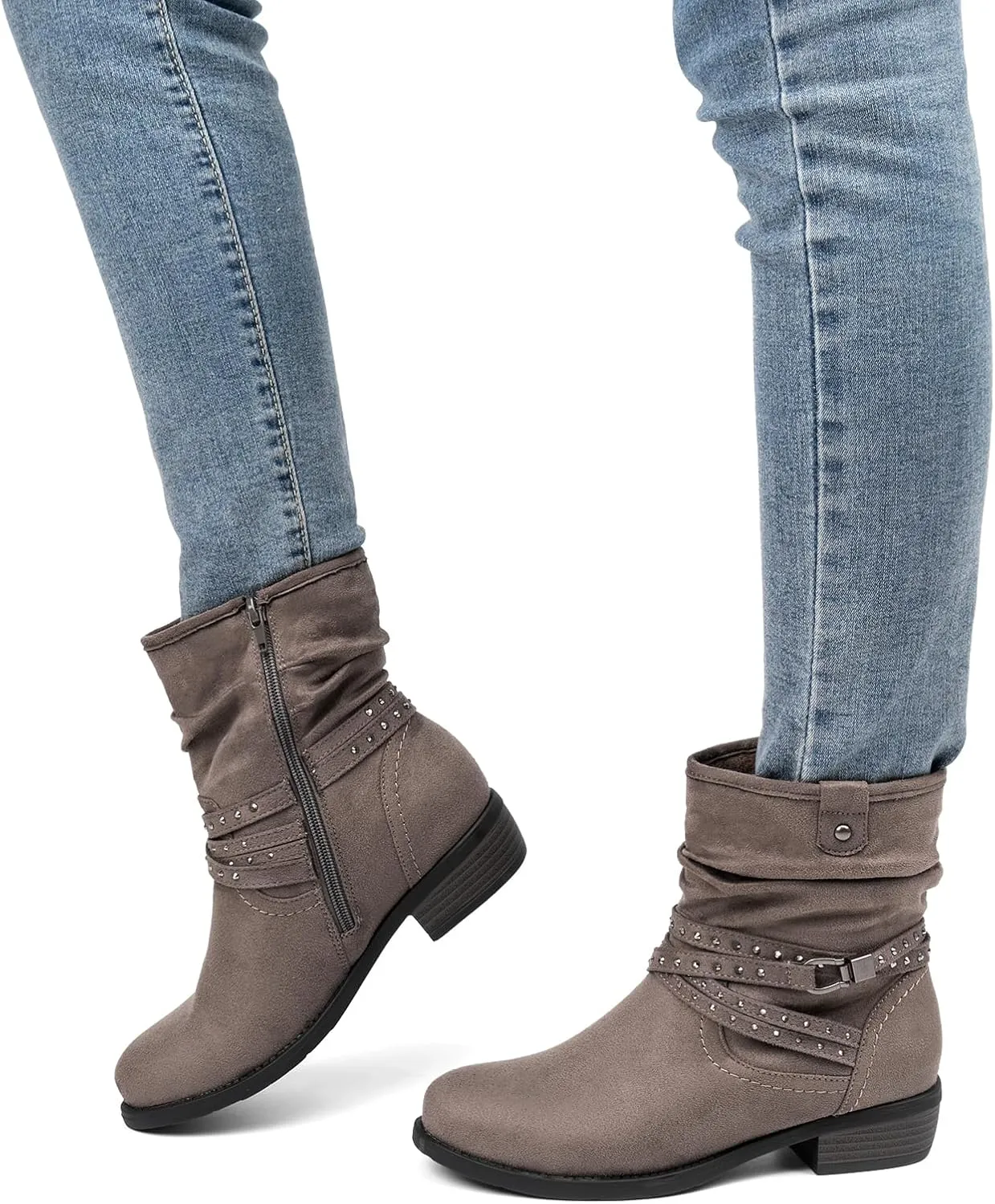 VJH confort Women's Mid Calf Boot,Round Toe Low Heel Comfort Slouchy Bootie with Side Zipper Buckle Strap