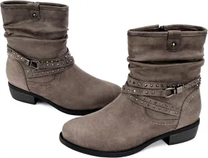 VJH confort Women's Mid Calf Boot,Round Toe Low Heel Comfort Slouchy Bootie with Side Zipper Buckle Strap