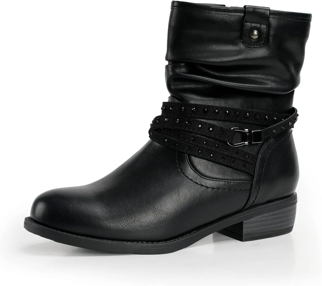 VJH confort Women's Mid Calf Boot,Round Toe Low Heel Comfort Slouchy Bootie with Side Zipper Buckle Strap