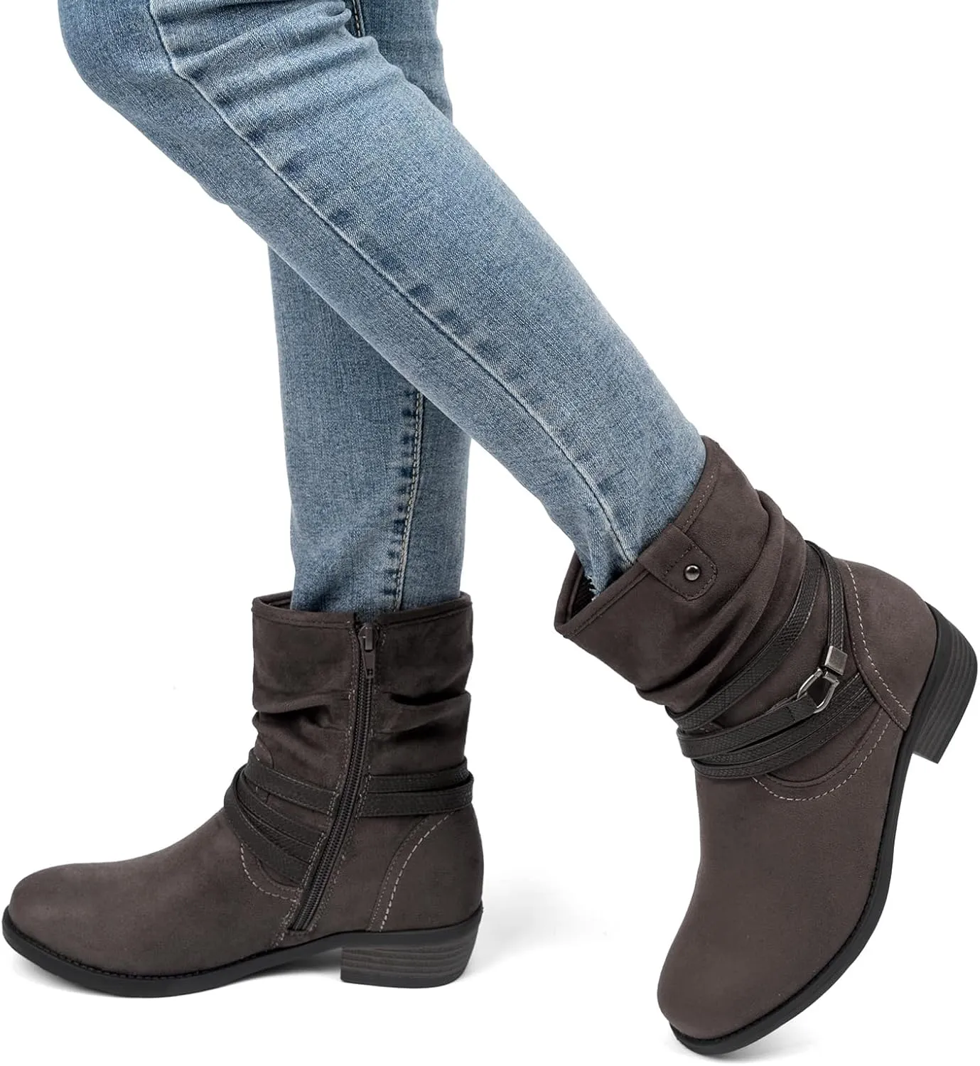 VJH confort Women's Mid Calf Boot,Round Toe Low Heel Comfort Slouchy Bootie with Side Zipper Buckle Strap