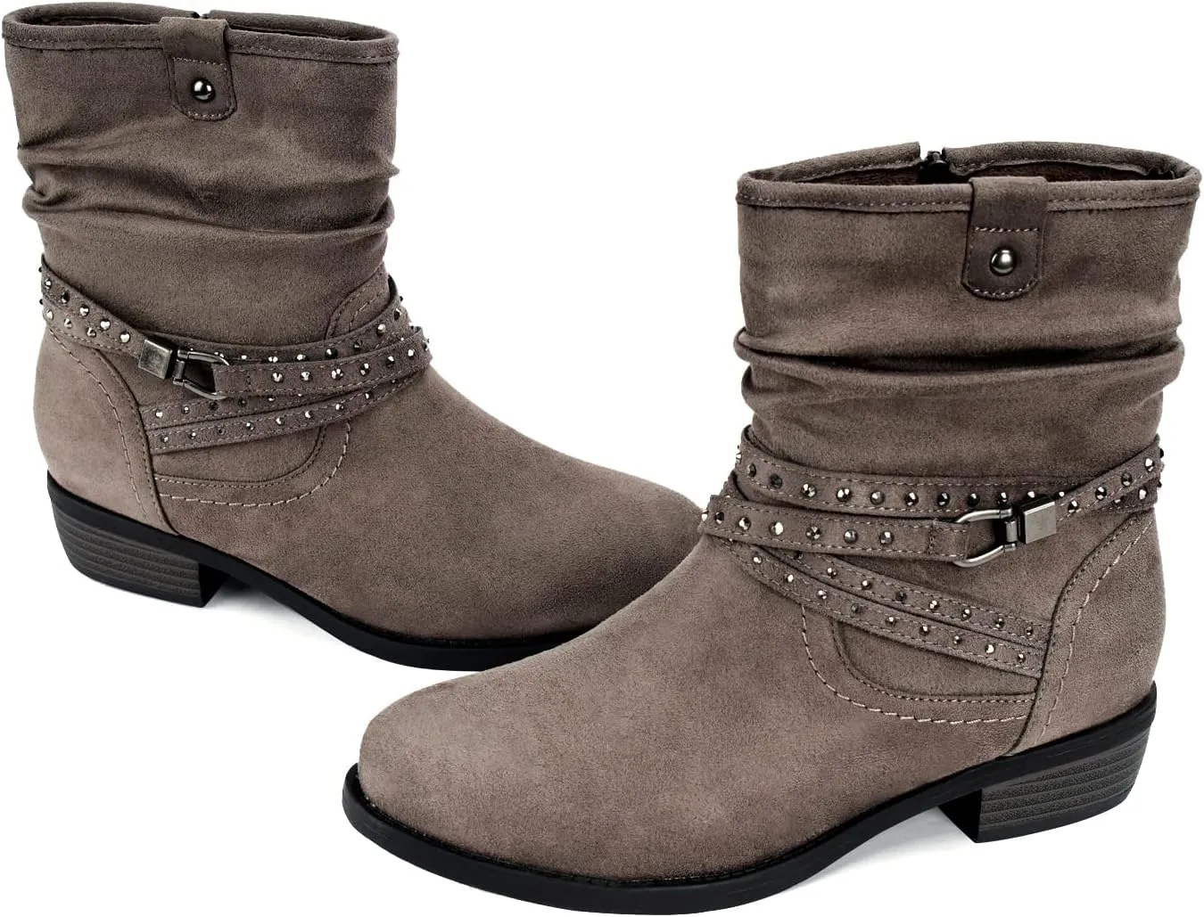 VJH confort Women's Mid Calf Boot,Round Toe Low Heel Comfort Slouchy Bootie with Side Zipper Buckle Strap
