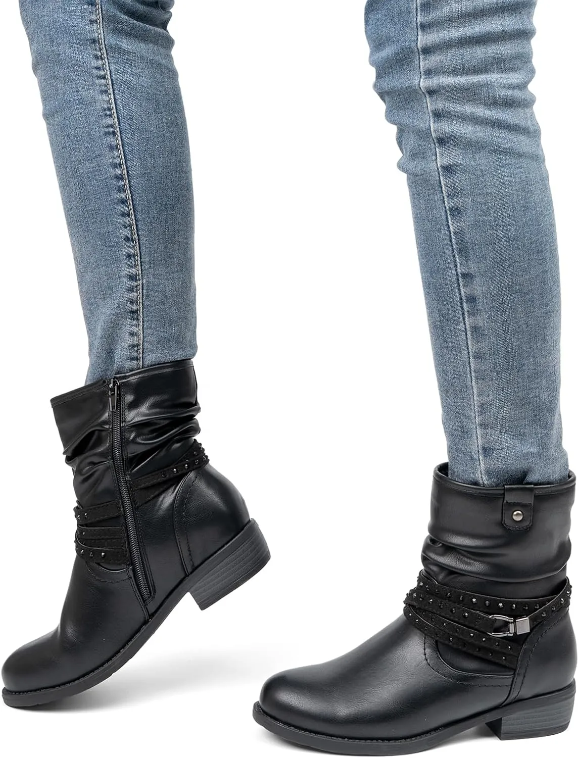 VJH confort Women's Mid Calf Boot,Round Toe Low Heel Comfort Slouchy Bootie with Side Zipper Buckle Strap