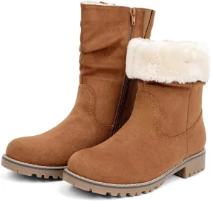 VJH confort Women's Mid Calf Boots Slouchy Riding Combat Low Heel Fur Lined Winter Zipper Booties