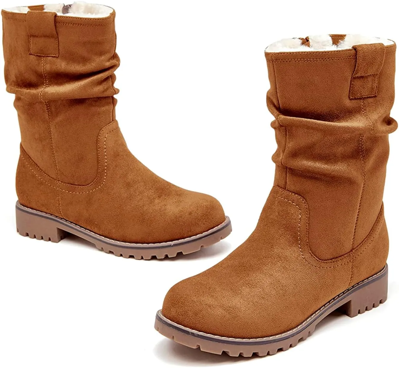 VJH confort Women's Mid Calf Boots Slouchy Riding Combat Low Heel Fur Lined Winter Zipper Booties